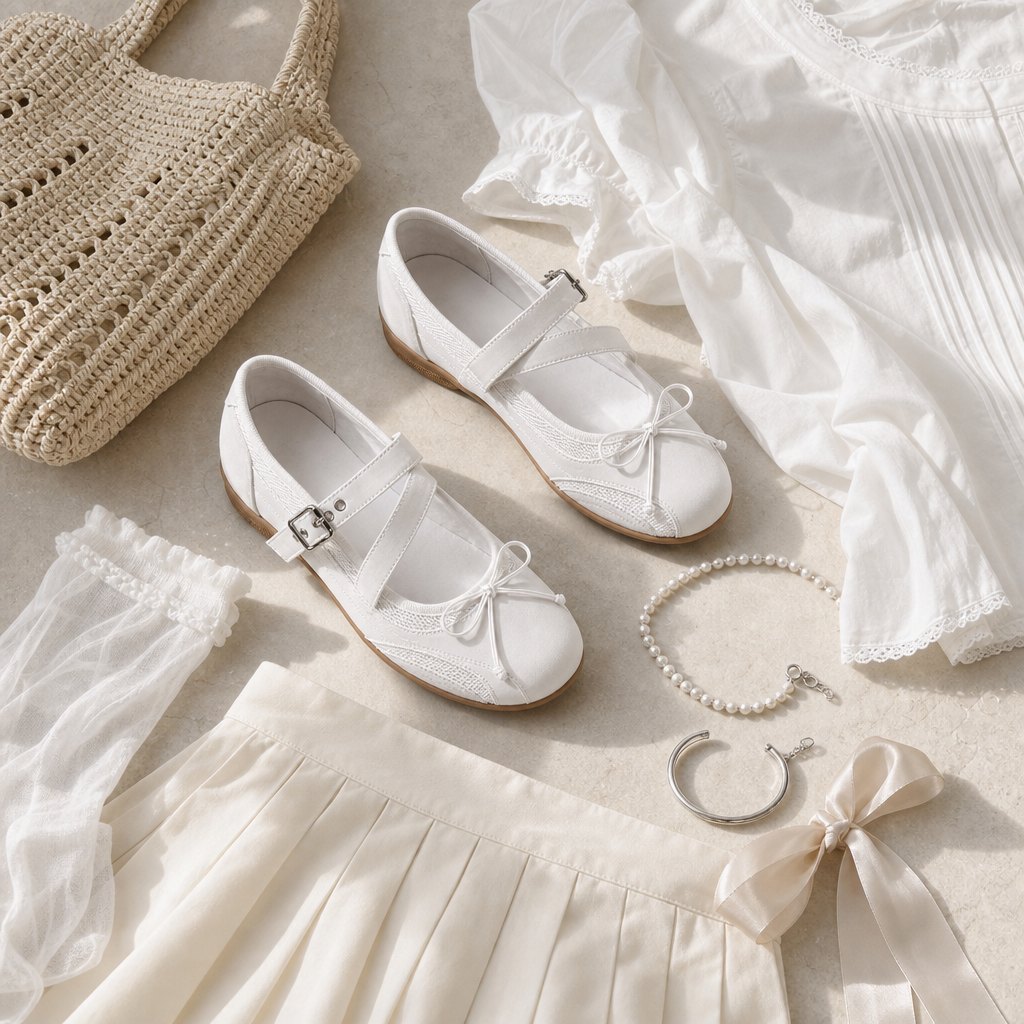 Ballerine bianche Mary Jane in una delicata scena flat lay