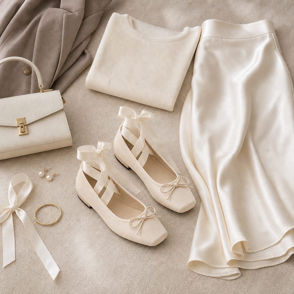 Composizione di un outfit con ballerine e accessori disposti in piano.