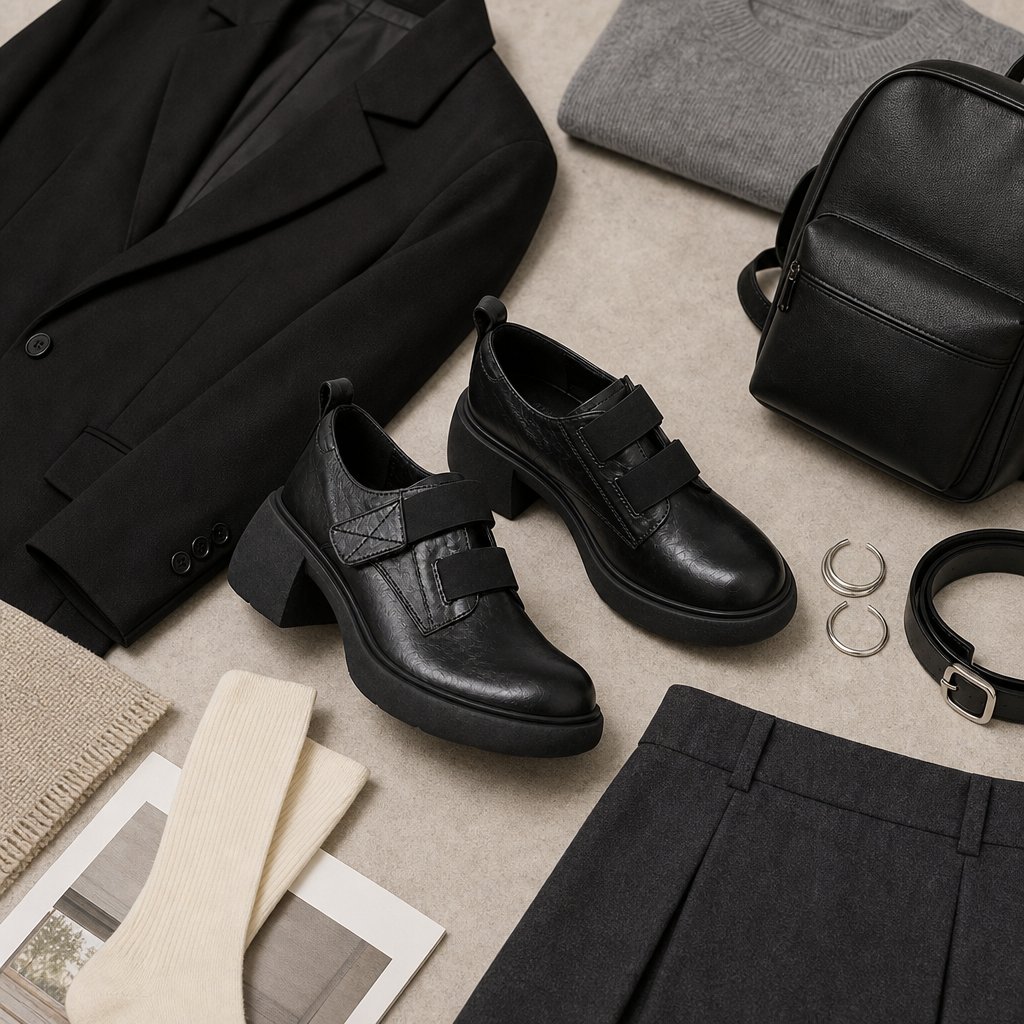 Mocassins noirs présentés dans une tenue à plat avec accessoires