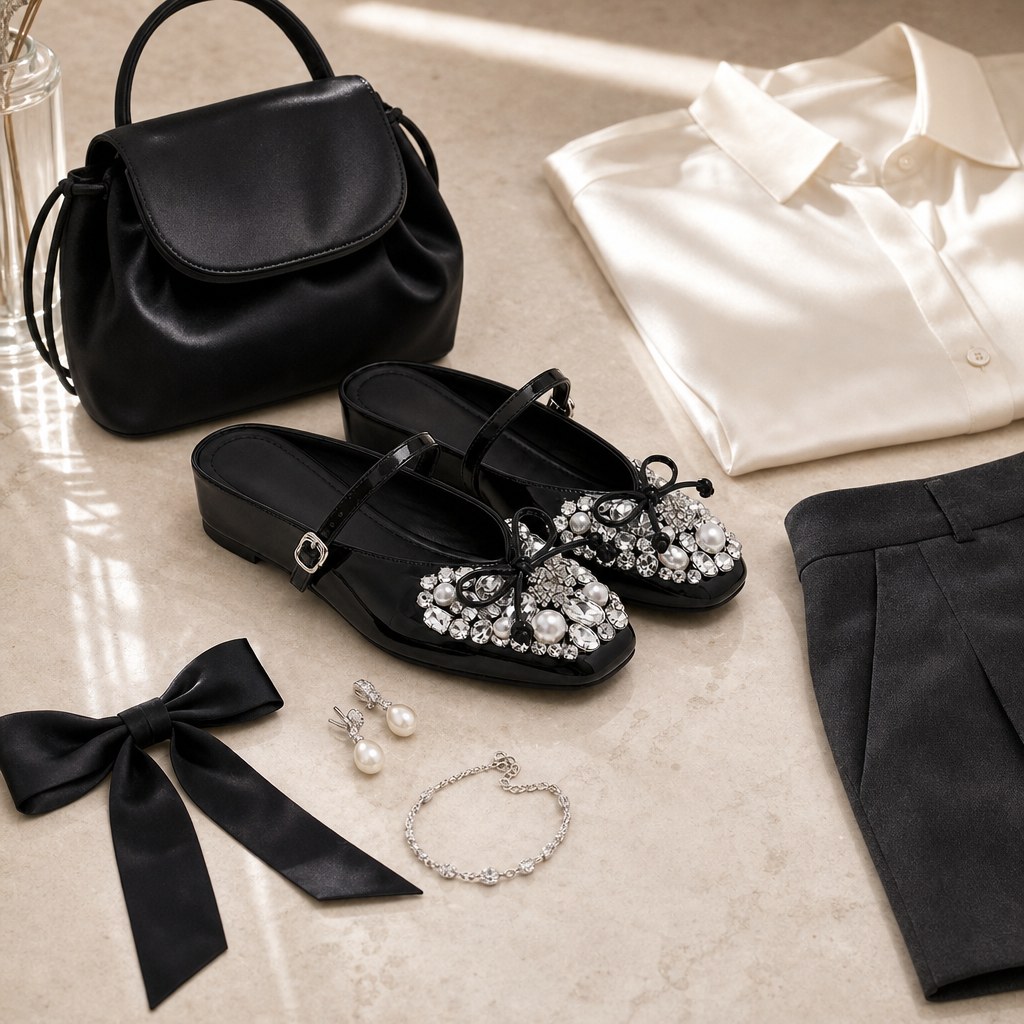 Black sandals flat lay with travel and leisure accessories