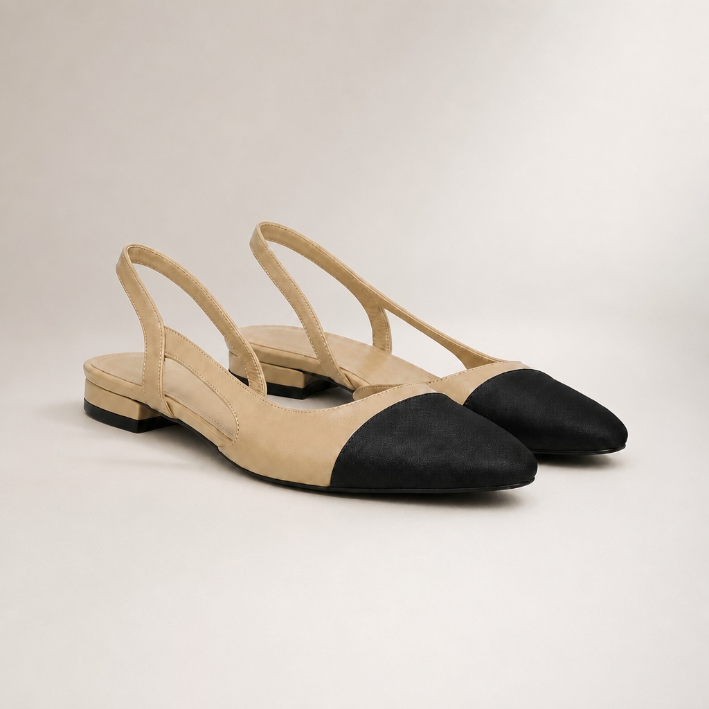 Apricot and black patchwork closed toe flat shoes
