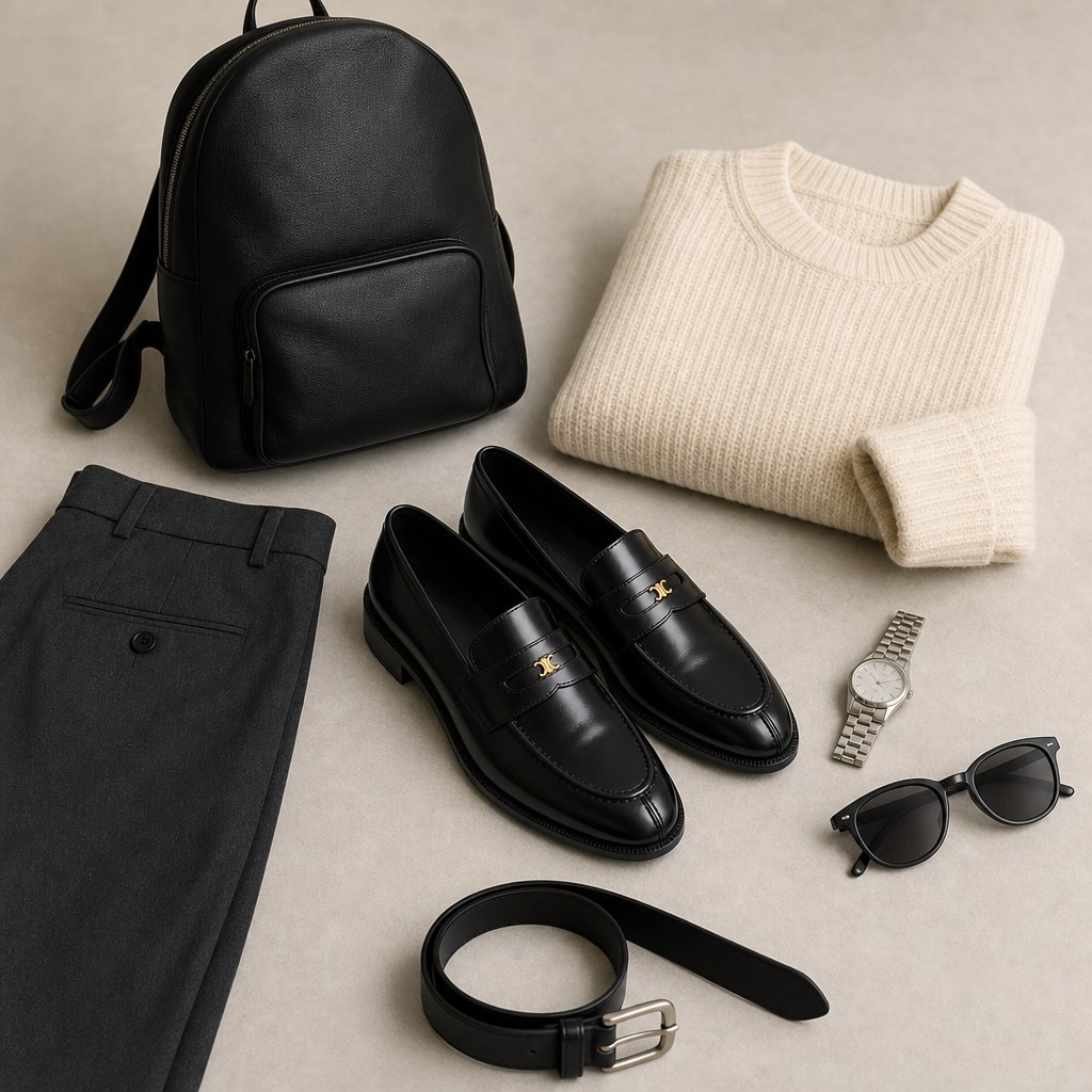 Black loafers shown in a flat-lay outfit context