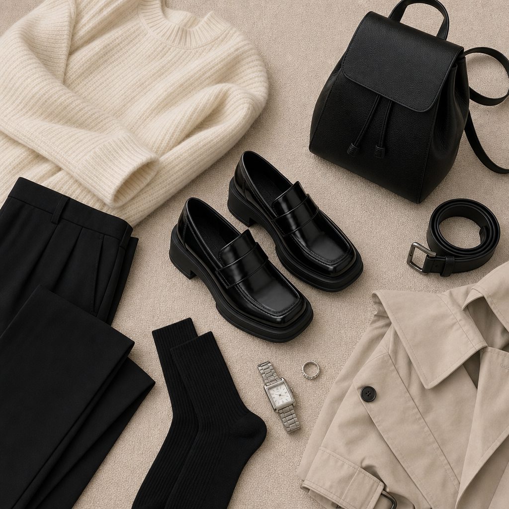Mocassins noirs dans une composition à plat avec accessoires assortis