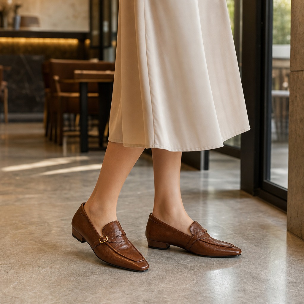 Brown slip-on loafers worn indoors in a lifestyle outfit scene