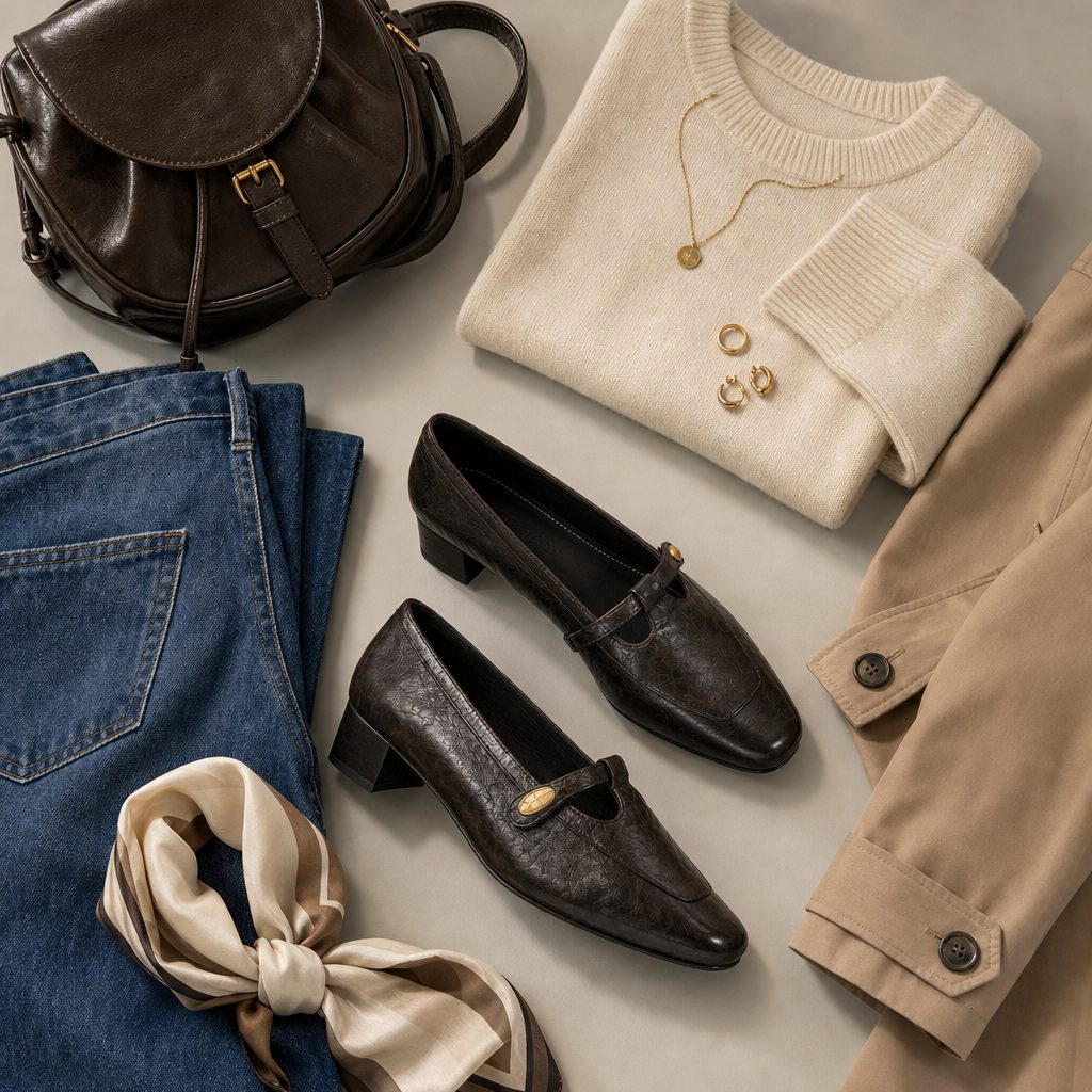 Buckle strap pumps styled in a flat-lay outfit scene