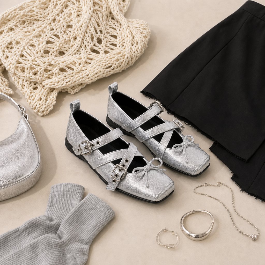 Ballerine Mary Jane argentate in una scena di outfit con foto dall'alto