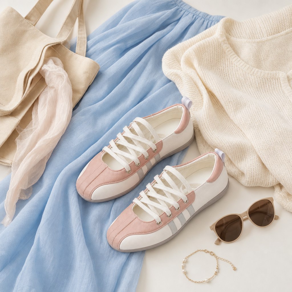 Ballerine rosa con lacci in una scena flat lay