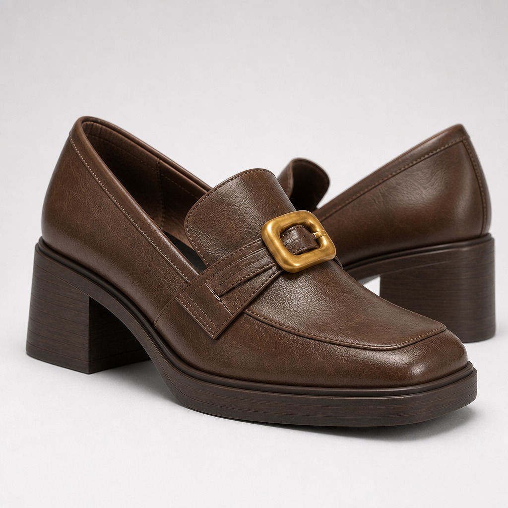 Mocassins marron à talon bloc, vus sous un autre angle, montrant la semelle et la boucle.