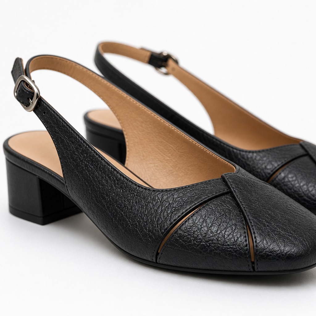 Close da textura preta do salto tipo slingback, bico quadrado, tira e salto bloco