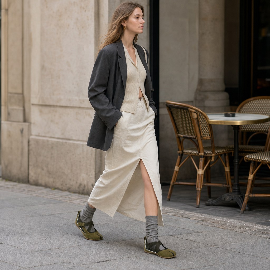 Scarpe Mary Jane verdi in una scena di passeggiata all'aperto