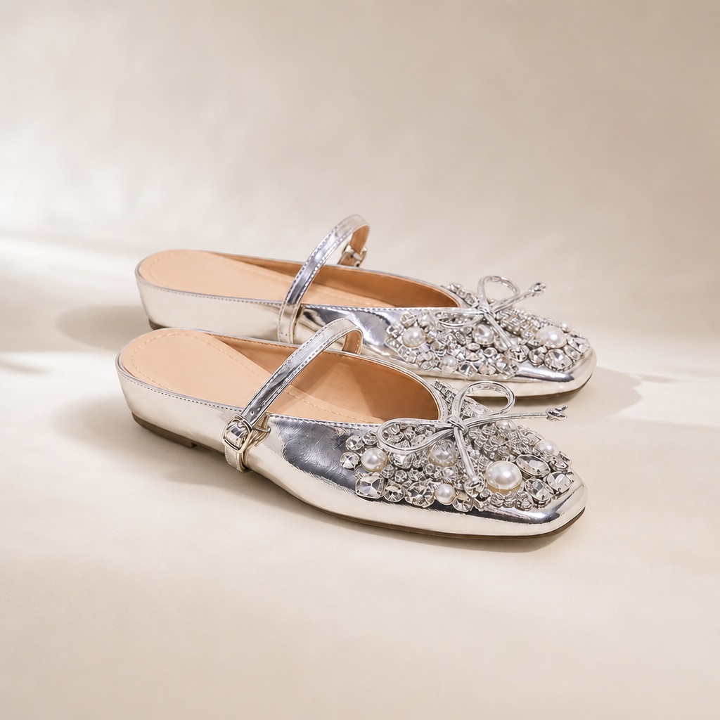 Silver bow detail square toe flat sandals