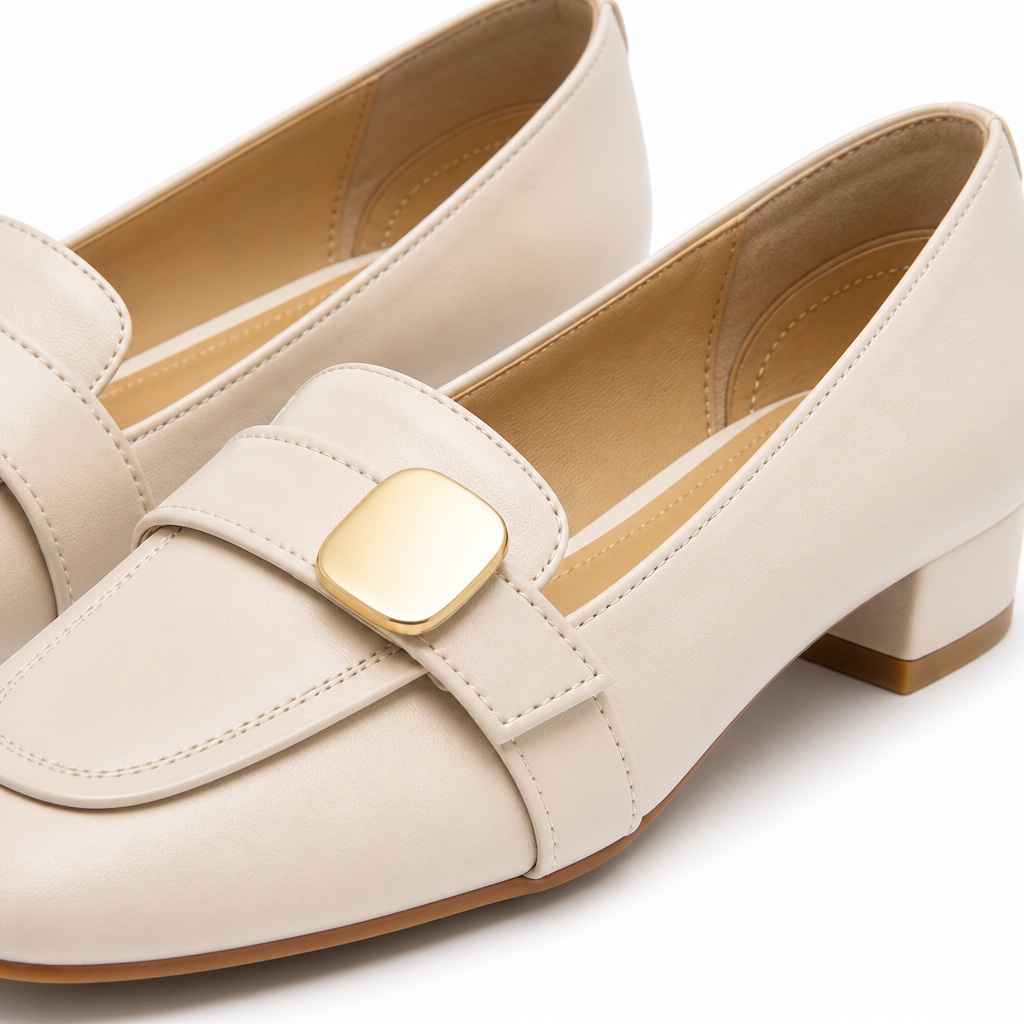 Gros plan latéral d'un mocassin à talon bas, bride d'ouverture et boucle
