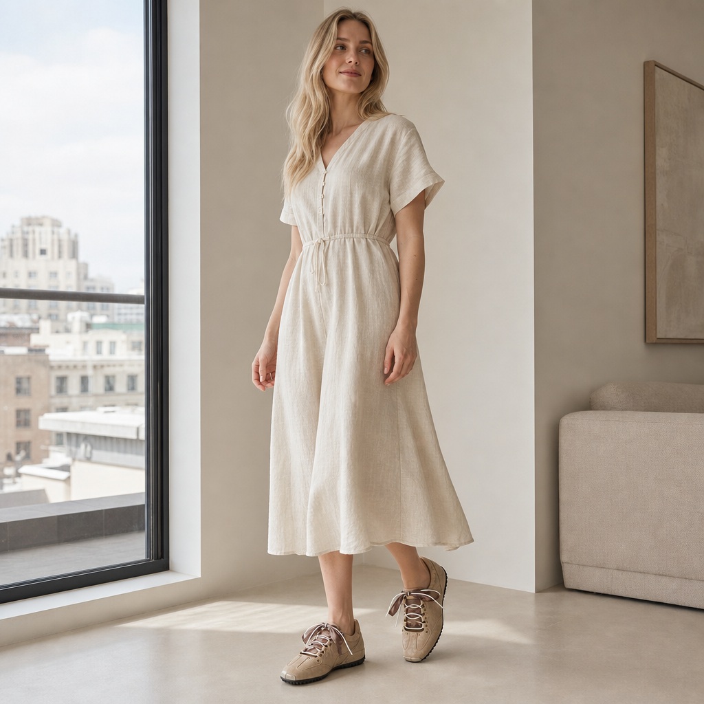 Μοντέλο που φοράει μεταλλικά sneaker flats σε εσωτερικούς χώρους κοντά σε ένα παράθυρο