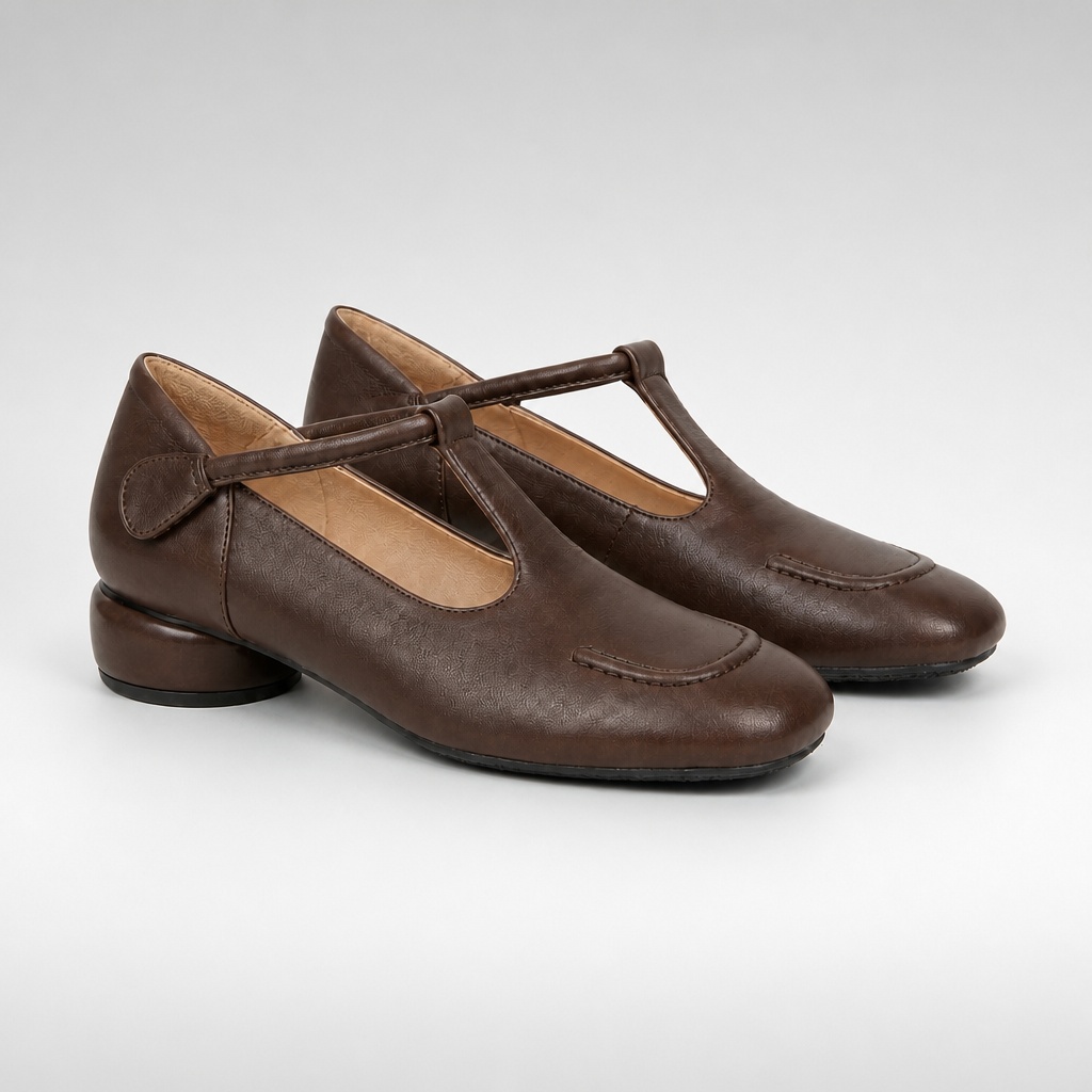 Brown color option of round toe Mary Jane block heel shoes