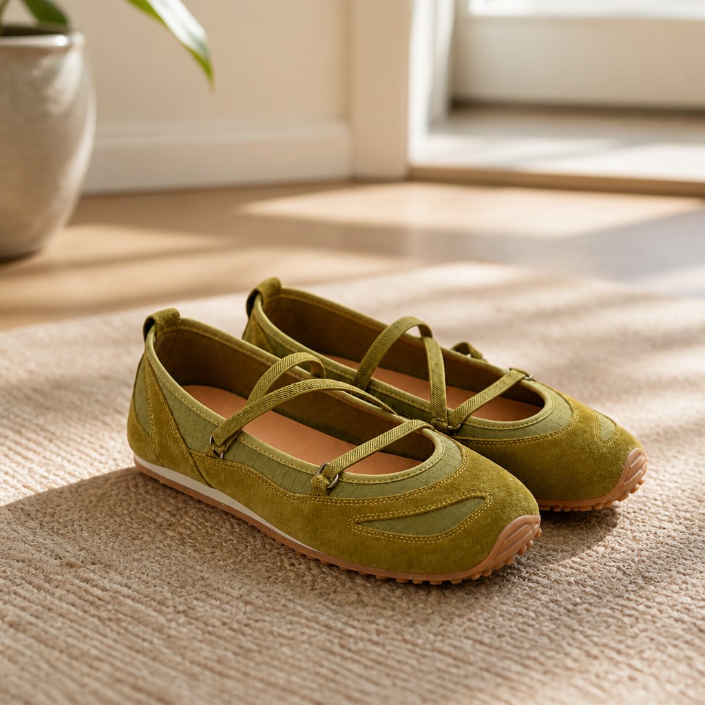 Ballerine verdi con lacci, perfette per un ambiente interno caldo e accogliente.