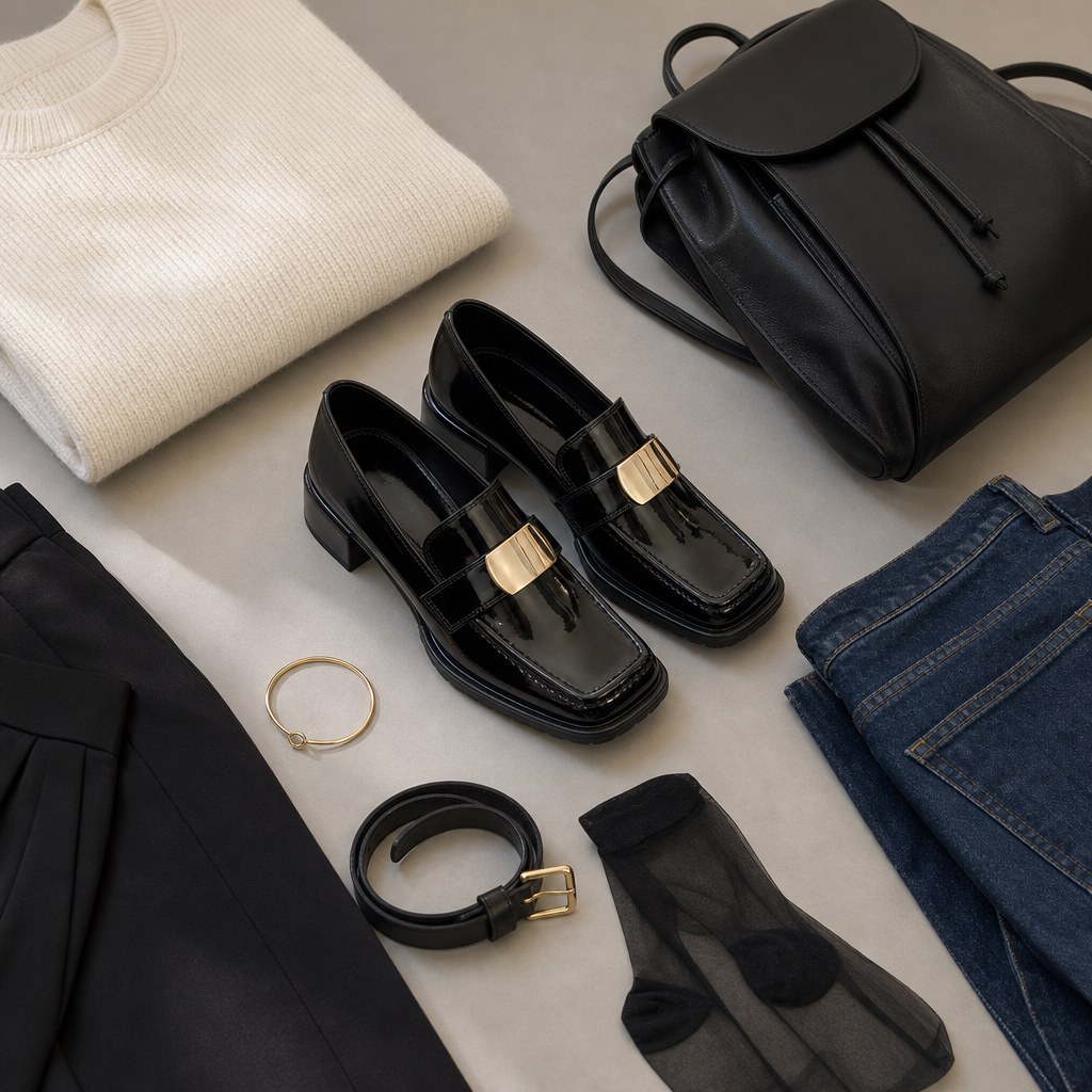 Composition à plat avec mocassins, sac, jean et accessoires