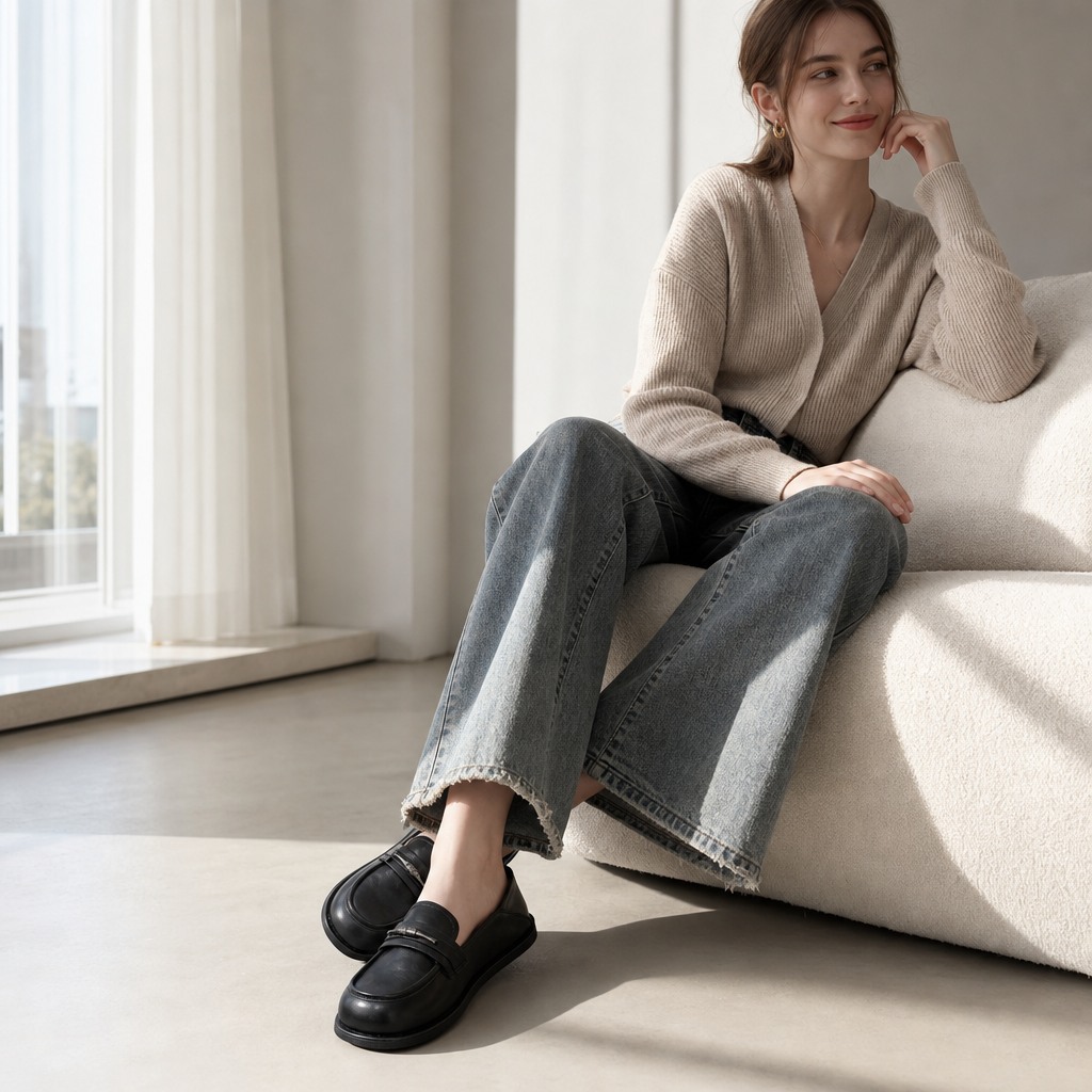 Scène de vie en intérieur avec un mannequin portant des mocassins