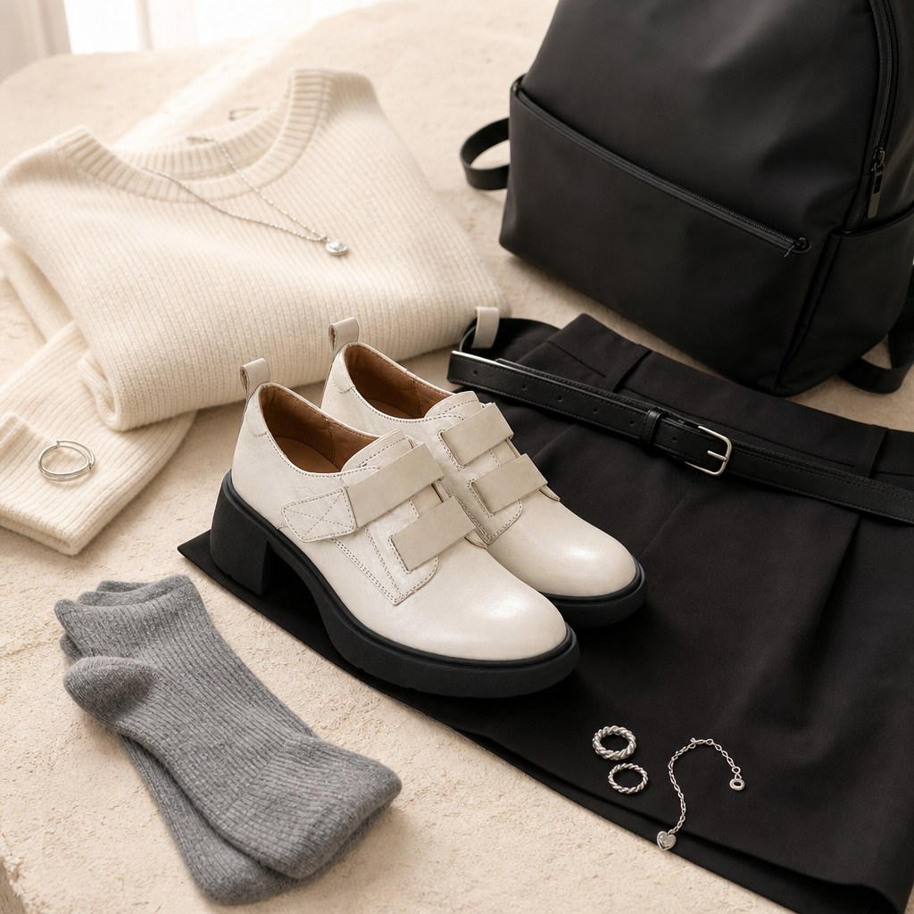 Mocassins blancs présentés à plat avec des vêtements et des accessoires