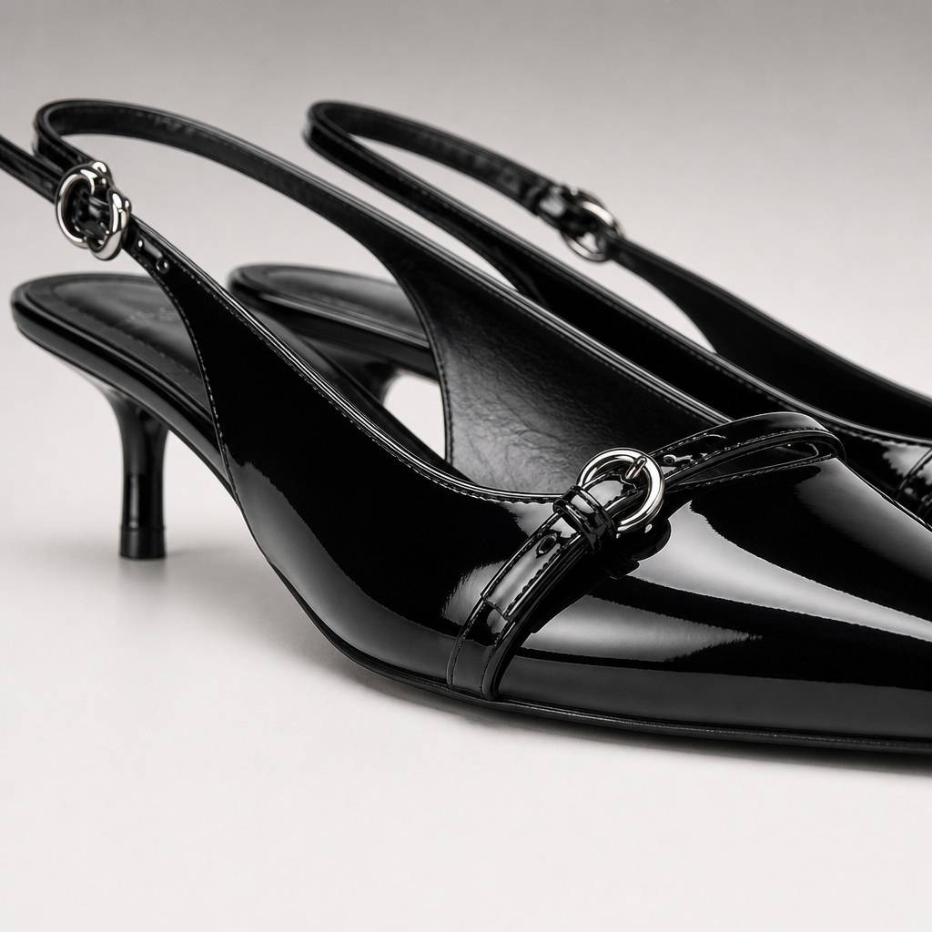 Close de salto tipo slingback preto envernizado com fivela e bico fino