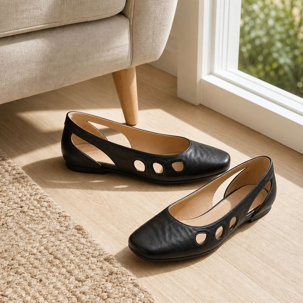 Black vintage Mary Jane shoes styled in an interior room scene near a chair and rug