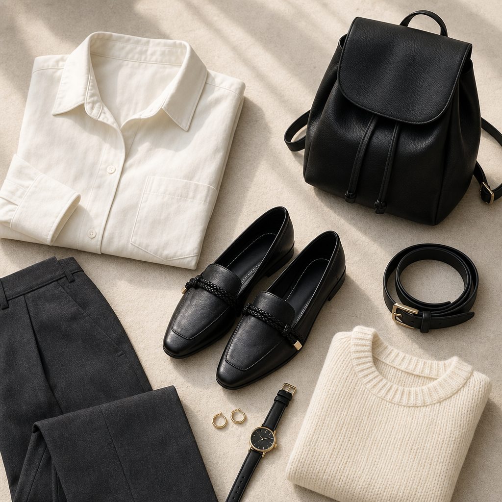 Flat-lay outfit scene with black square toe shoes and accessories