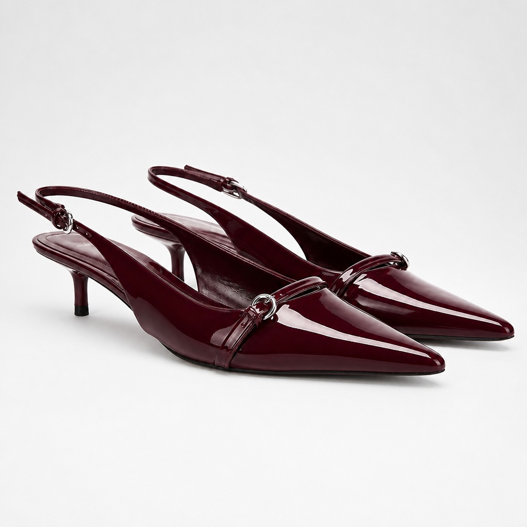 Sapatos slingback cor de vinho com salto baixo e bico fino