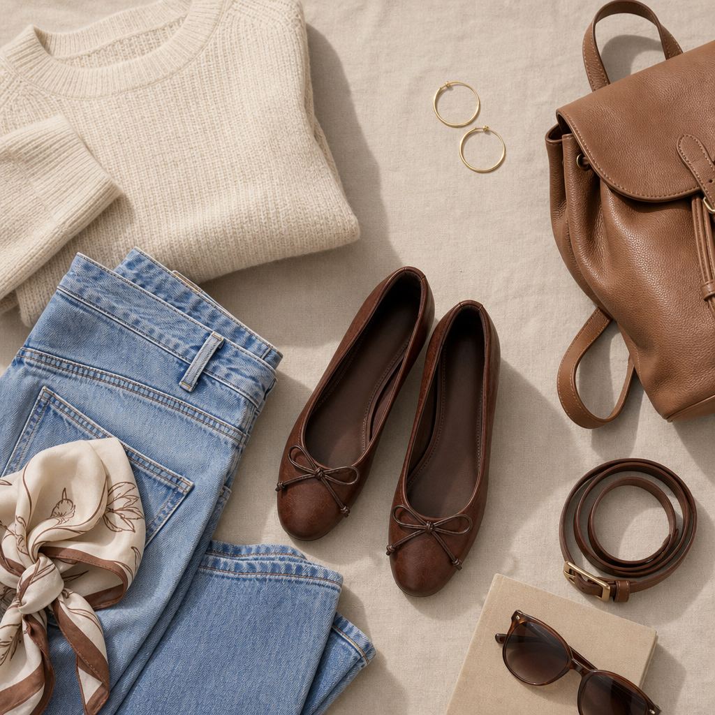 Brown flats styled with clothing and accessories