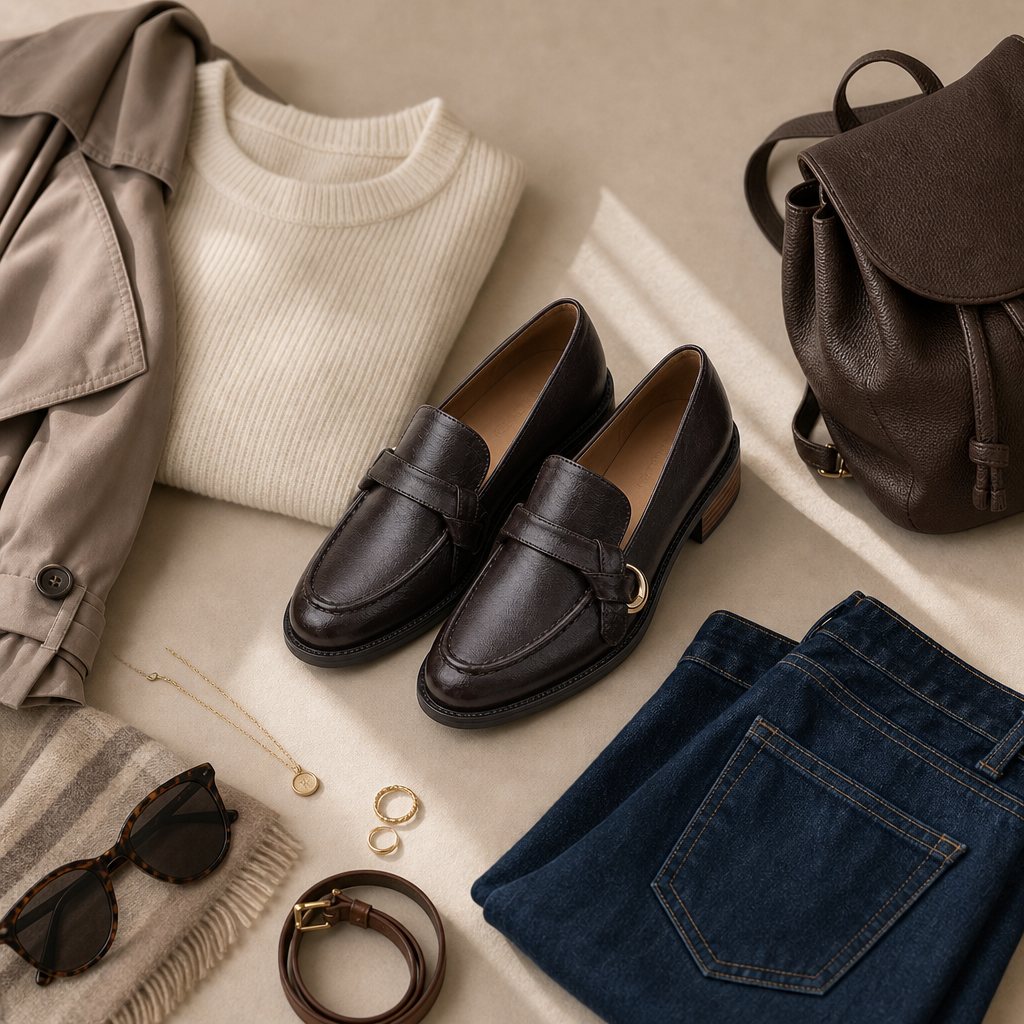 Flat-lay outfit scene with loafers and accessories