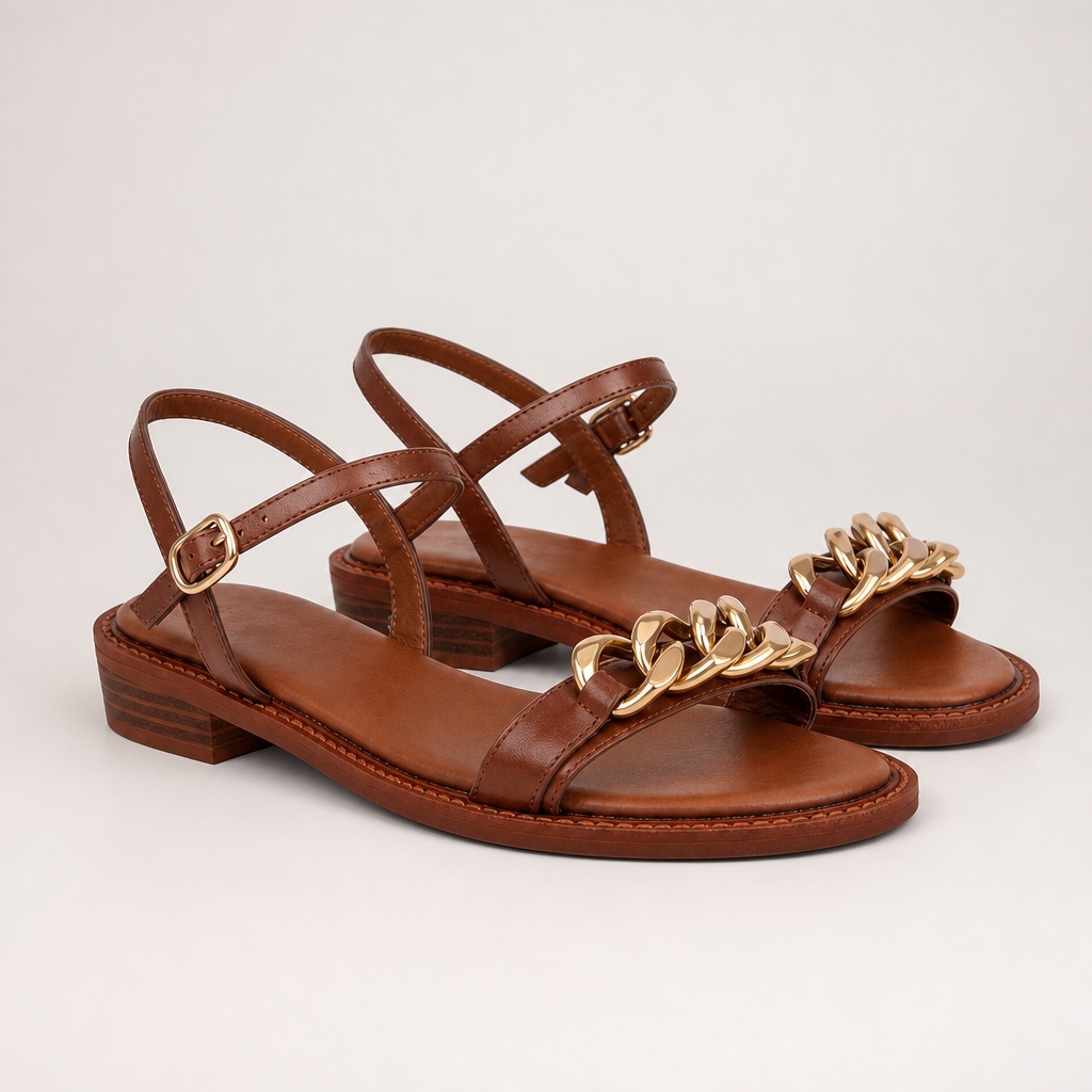 Pair of brown open toe flat sandals on a plain background