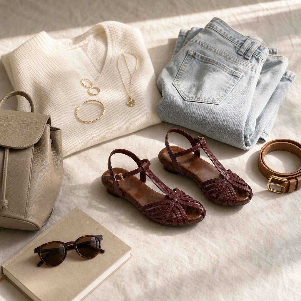 Burgundy wedge sandals styled with fashion accessories