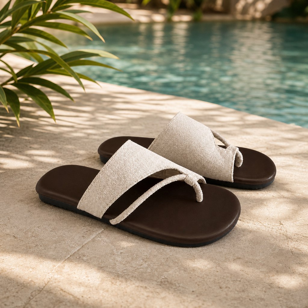 Slide sandals by a poolside summer setting
