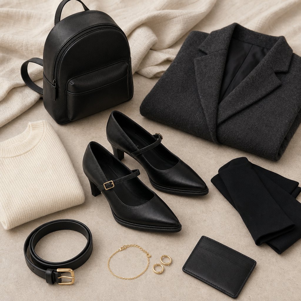 Black strap pointed toe shoes in flat lay with coordinating clothing and accessories