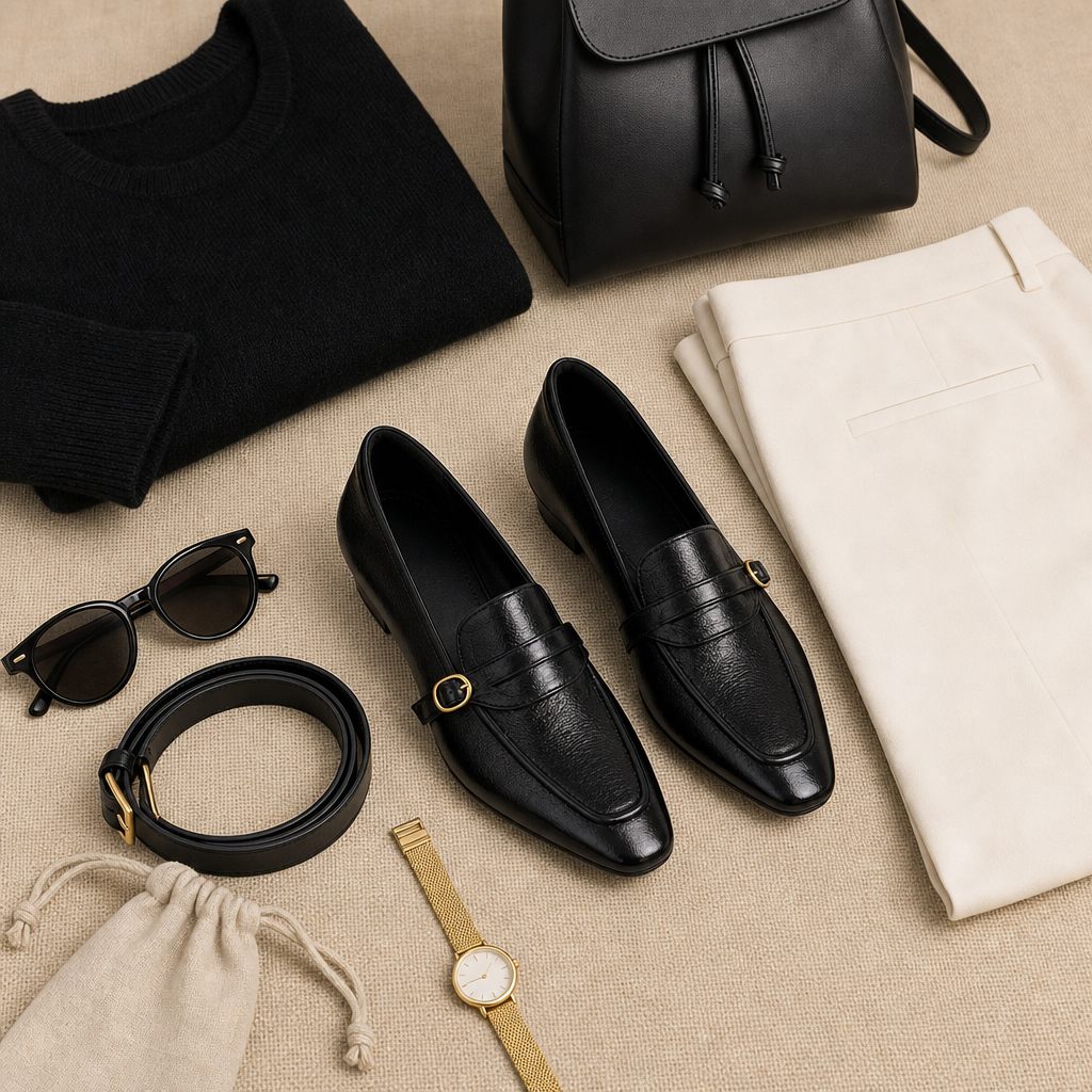 Black slip-on loafers styled in a flat lay with accessories