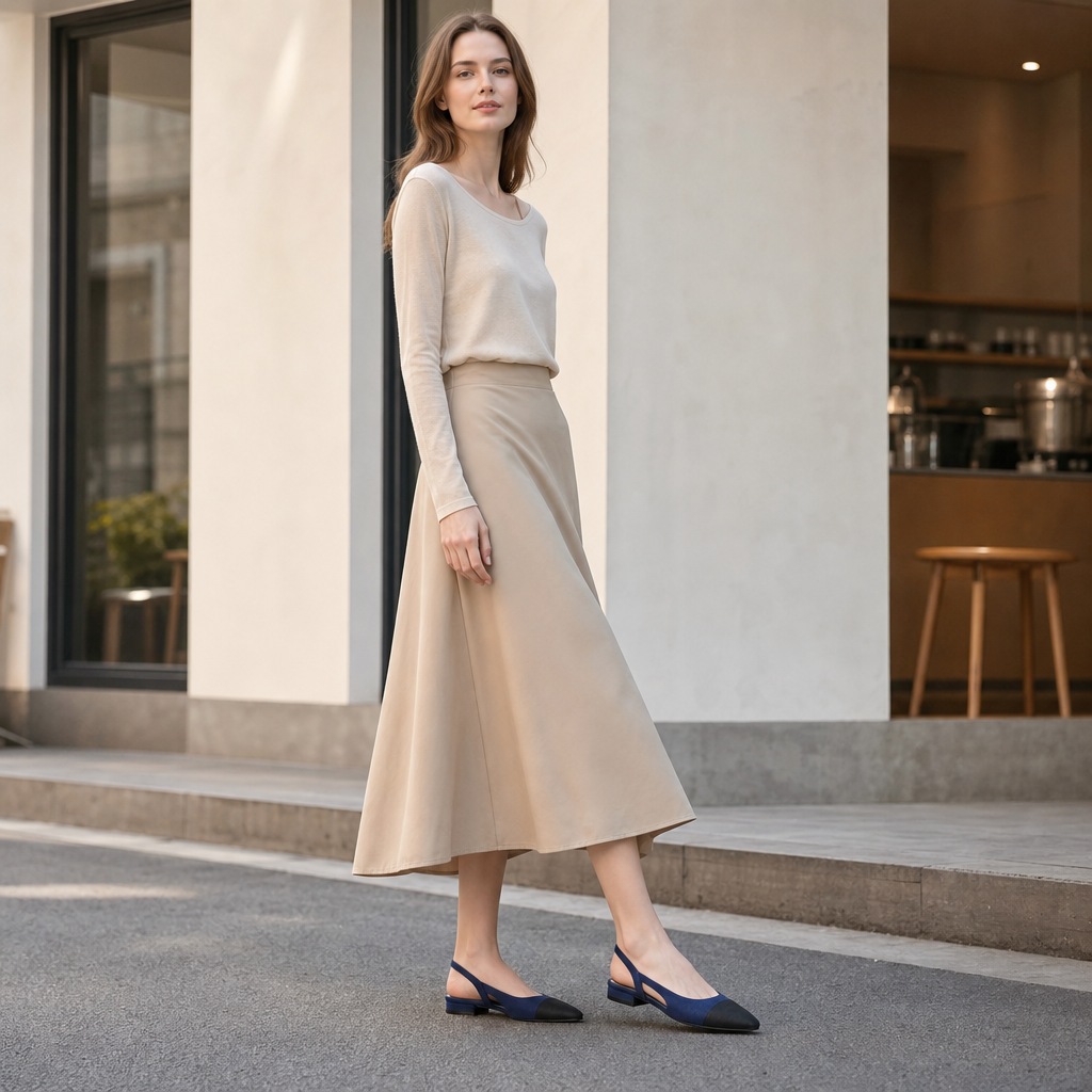Dark color block flats worn outdoors with a skirt outfit