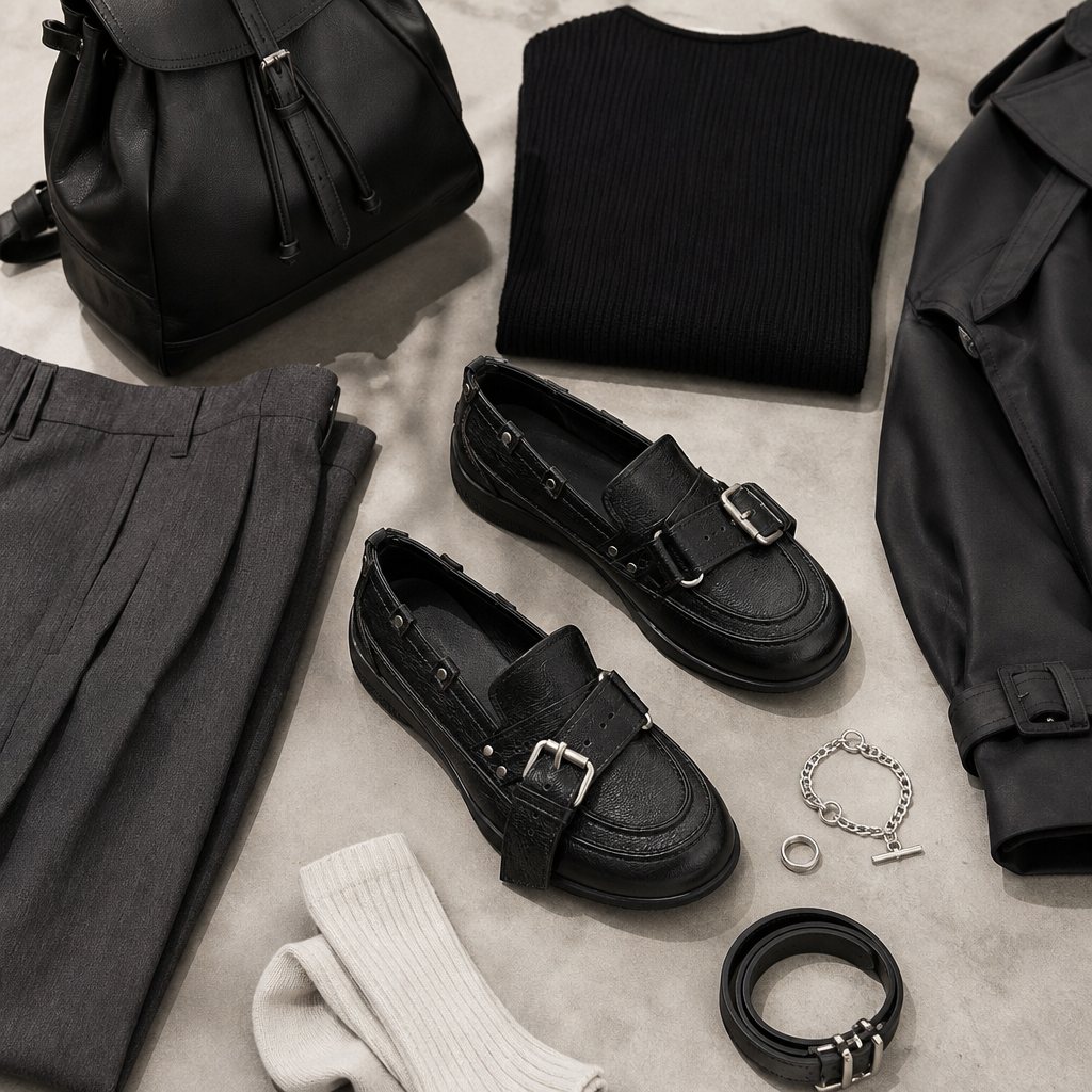 Mise en scène stylisée à plat montrant des mocassins avec des vêtements et des accessoires