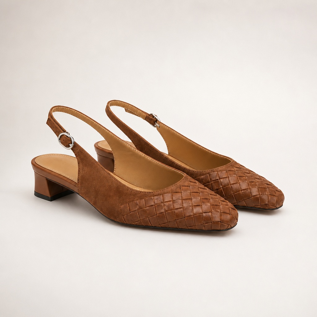 Sapatos cáqui trançados com salto bloco baixo e slingback