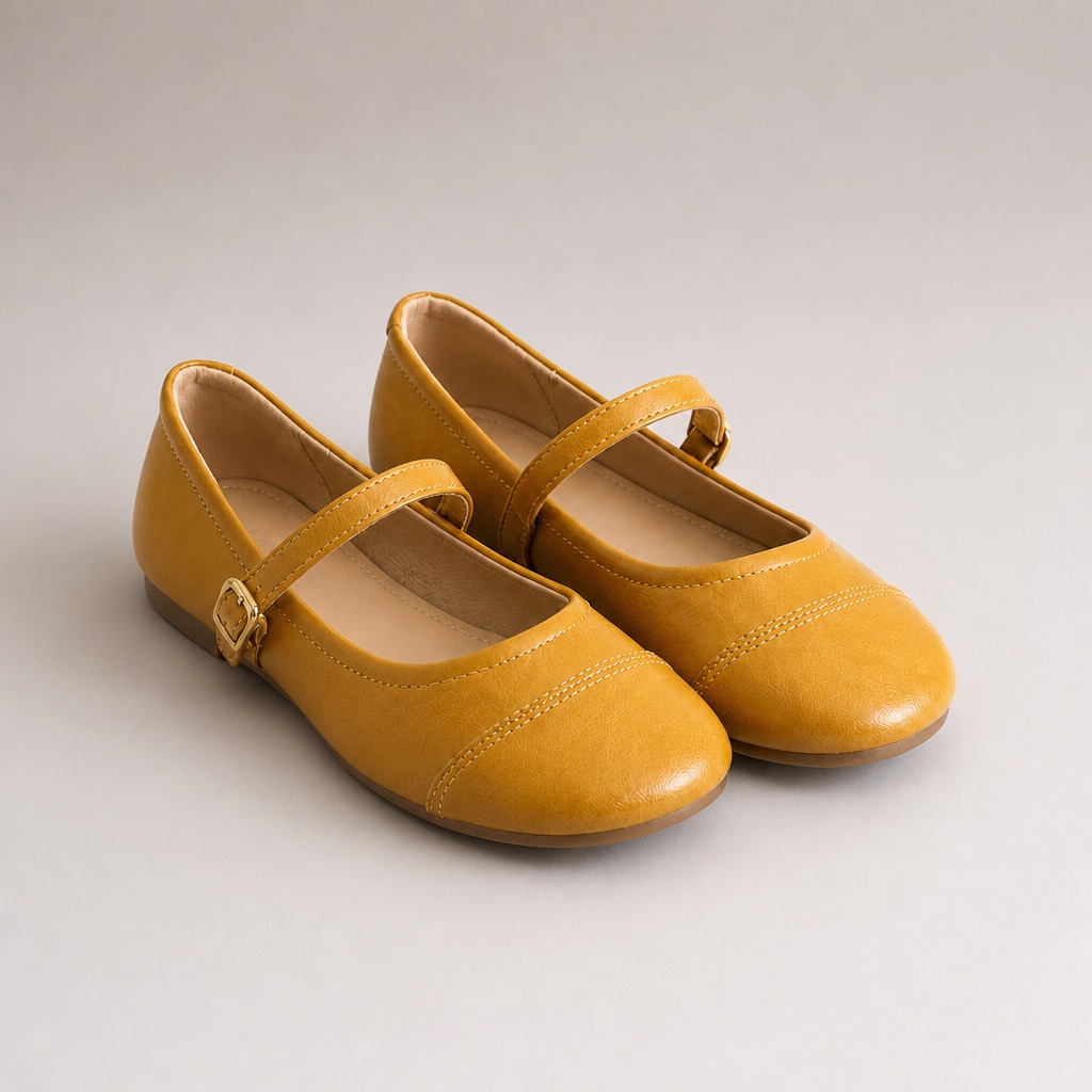 Sinapinkeltainen pyöreä varvas Mary Jane flats vaalealla pohjalla