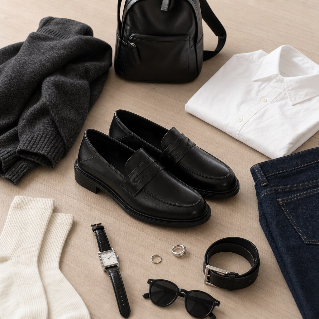 Mocassins noirs accessoirisés dans une scène à plat