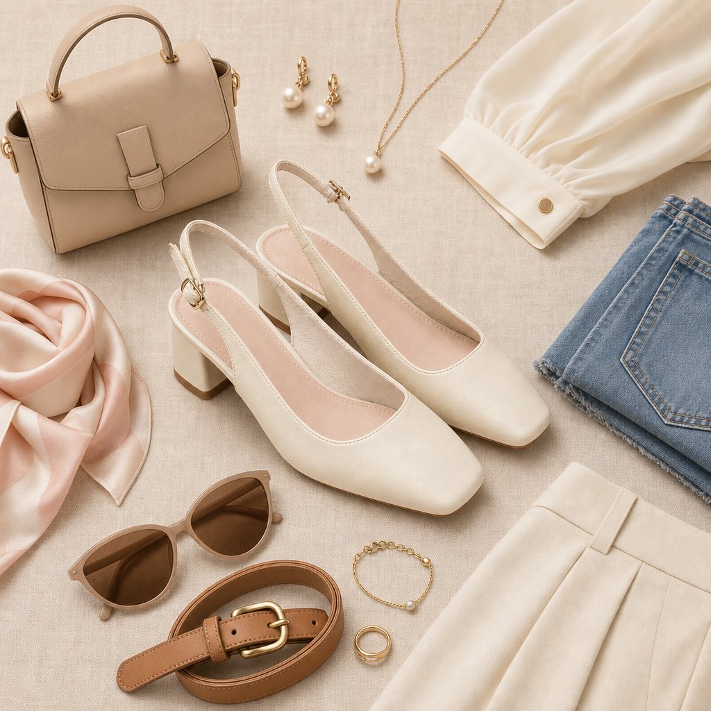 Sapatos slingback creme em uma cena plana e estilizada