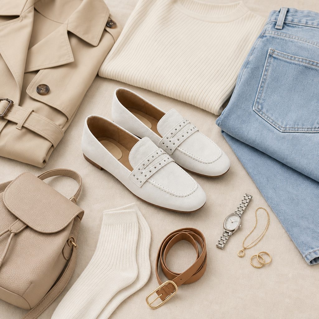 Off-white loafers styled with coordinated accessories