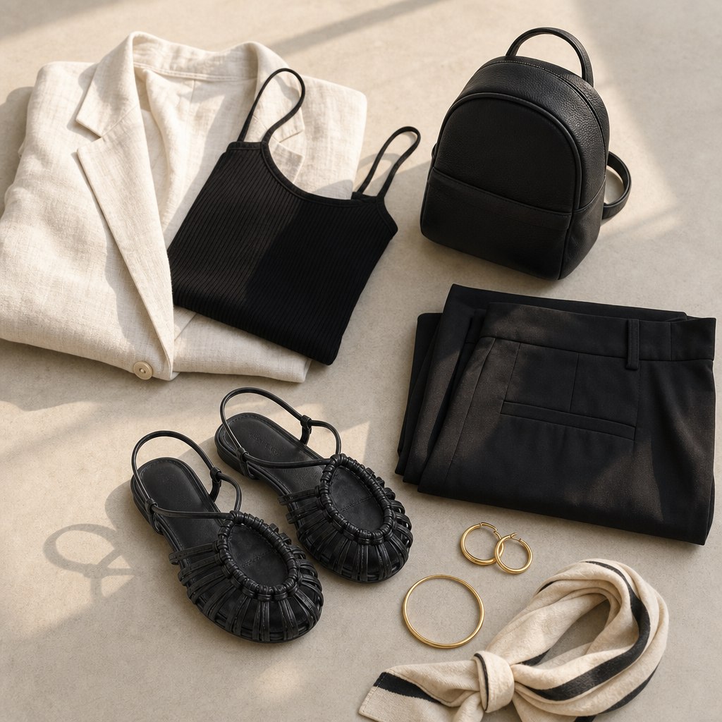 Black woven flats styled with clothing and accessories