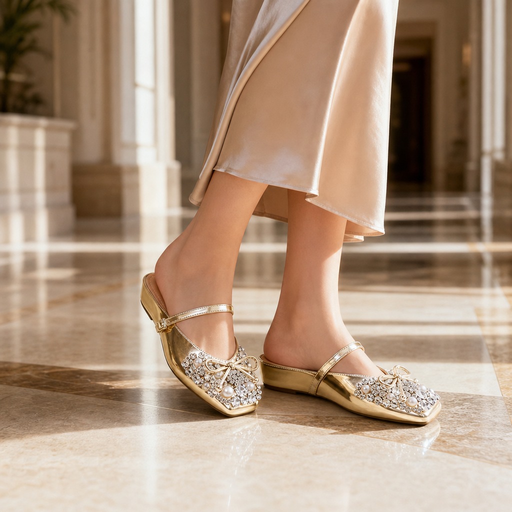 Gold bow detail sandals worn indoors