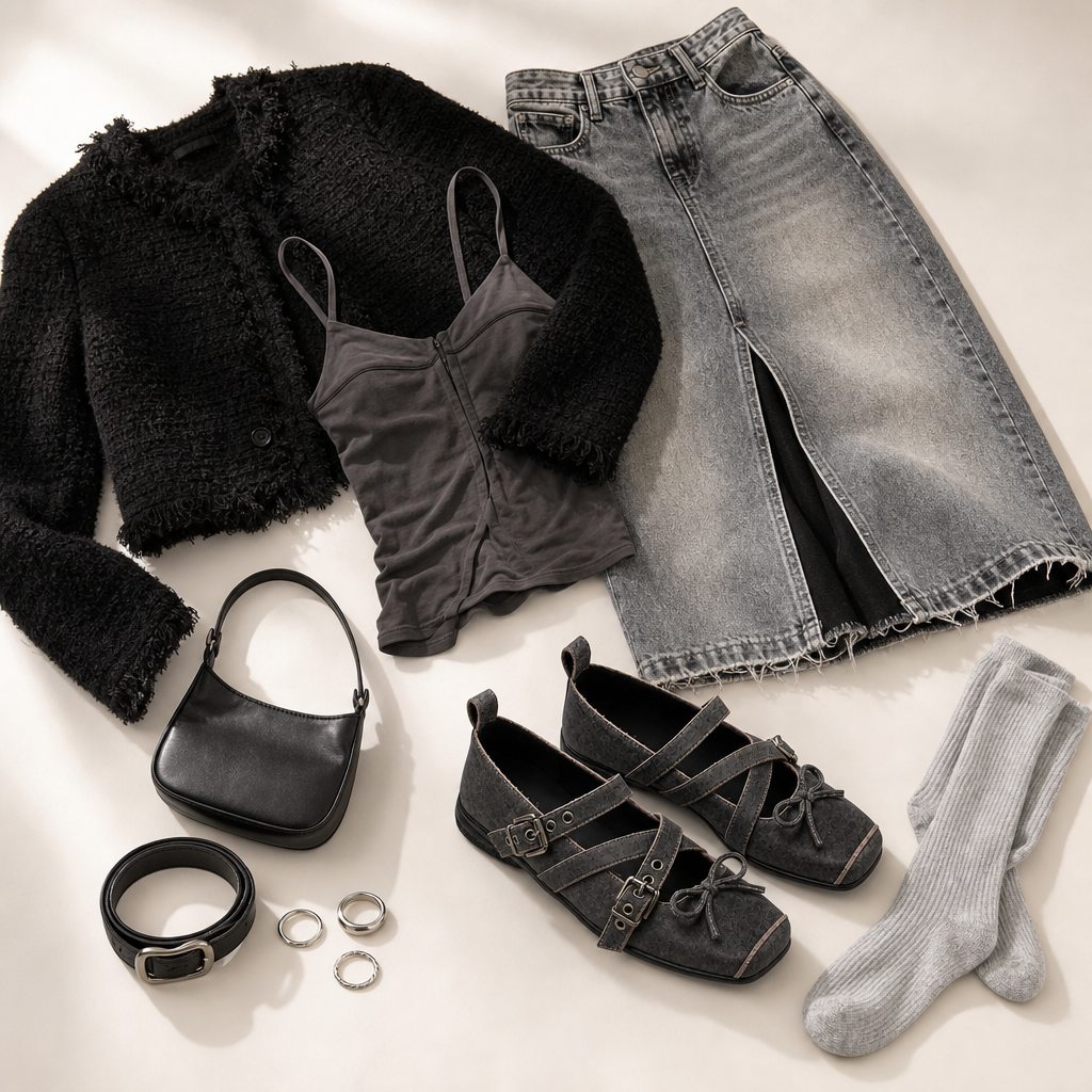 Ballerine Mary Jane nere abbinate ad accessori per l'outfit