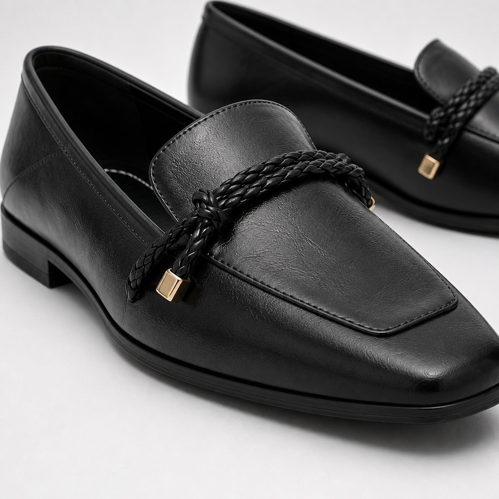 Close-up front profile of black square toe loafer with low heel