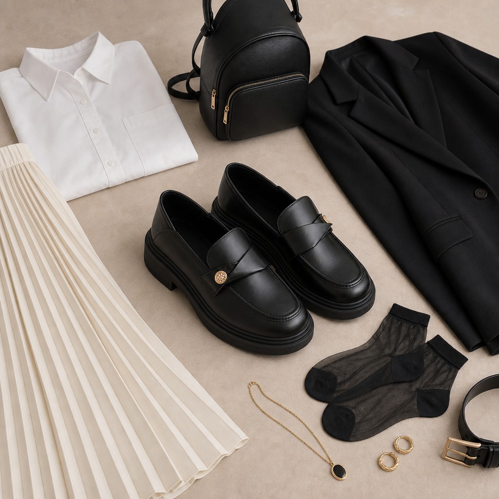 Mocassins noirs avec accessoires de tenue dans une scène à plat
