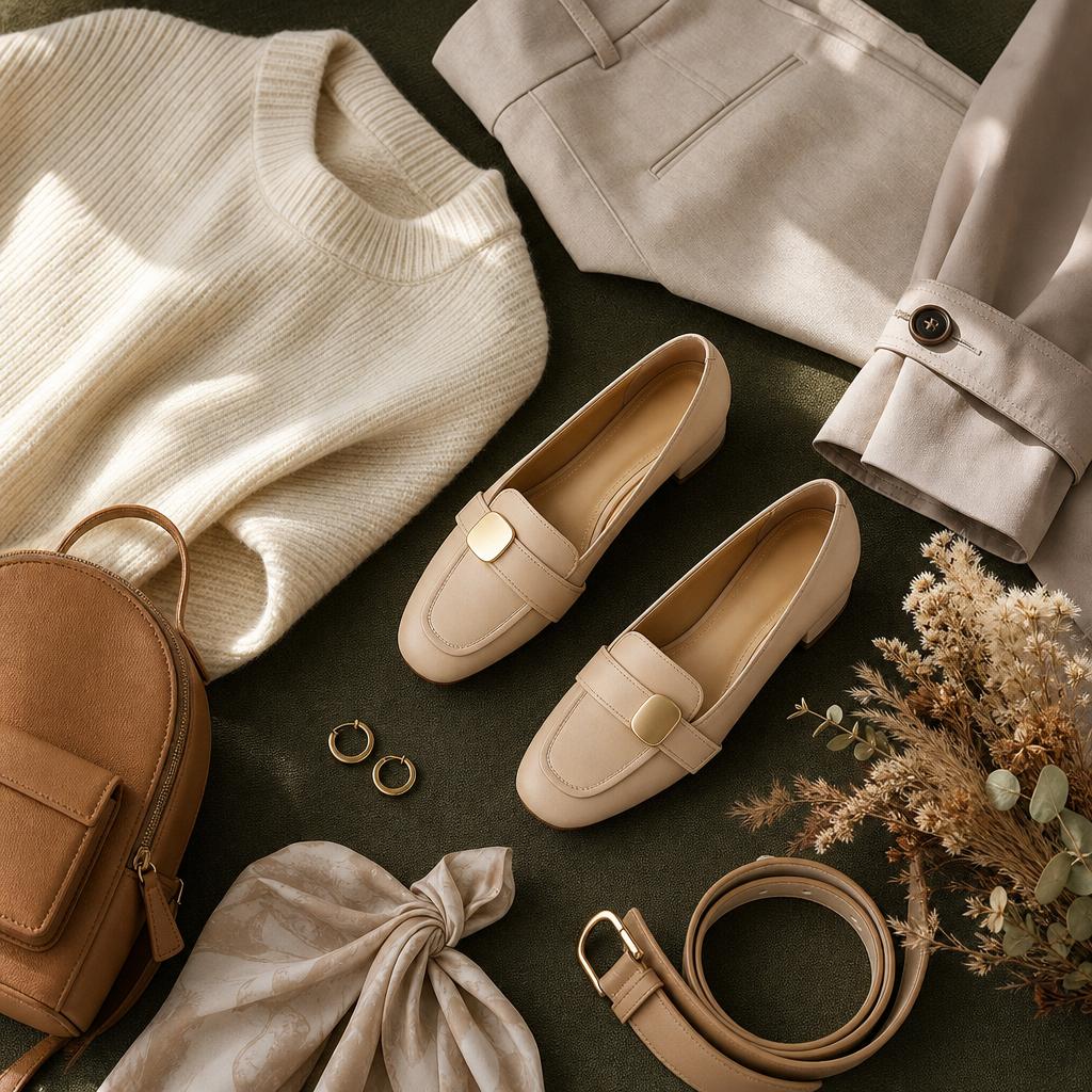 Mocassins à talons hauts présentés à plat avec vêtements et accessoires