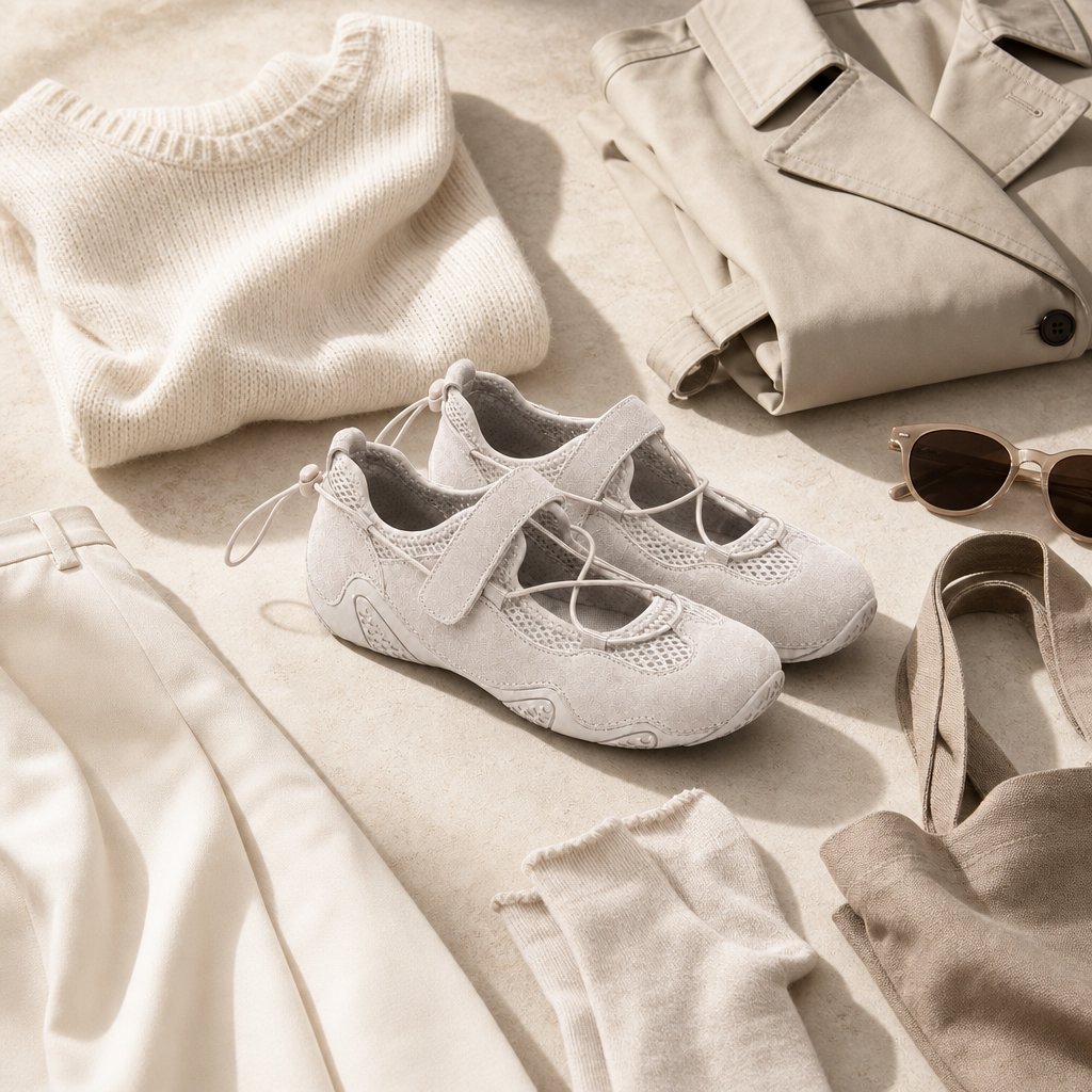 Scarpe da ginnastica Mary Jane bianche in una scena flat lay stilizzata