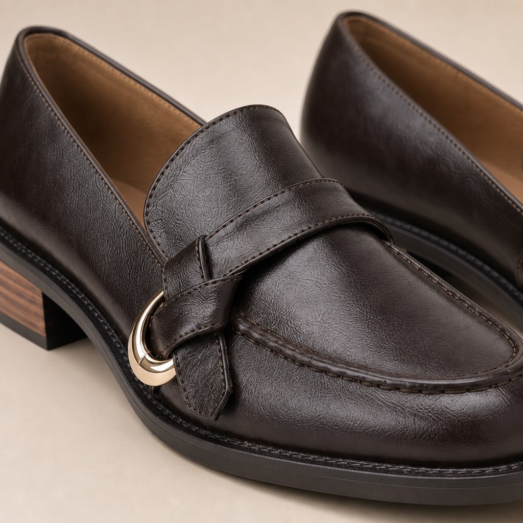 Close-up of leather texture, stitching, strap and heel construction