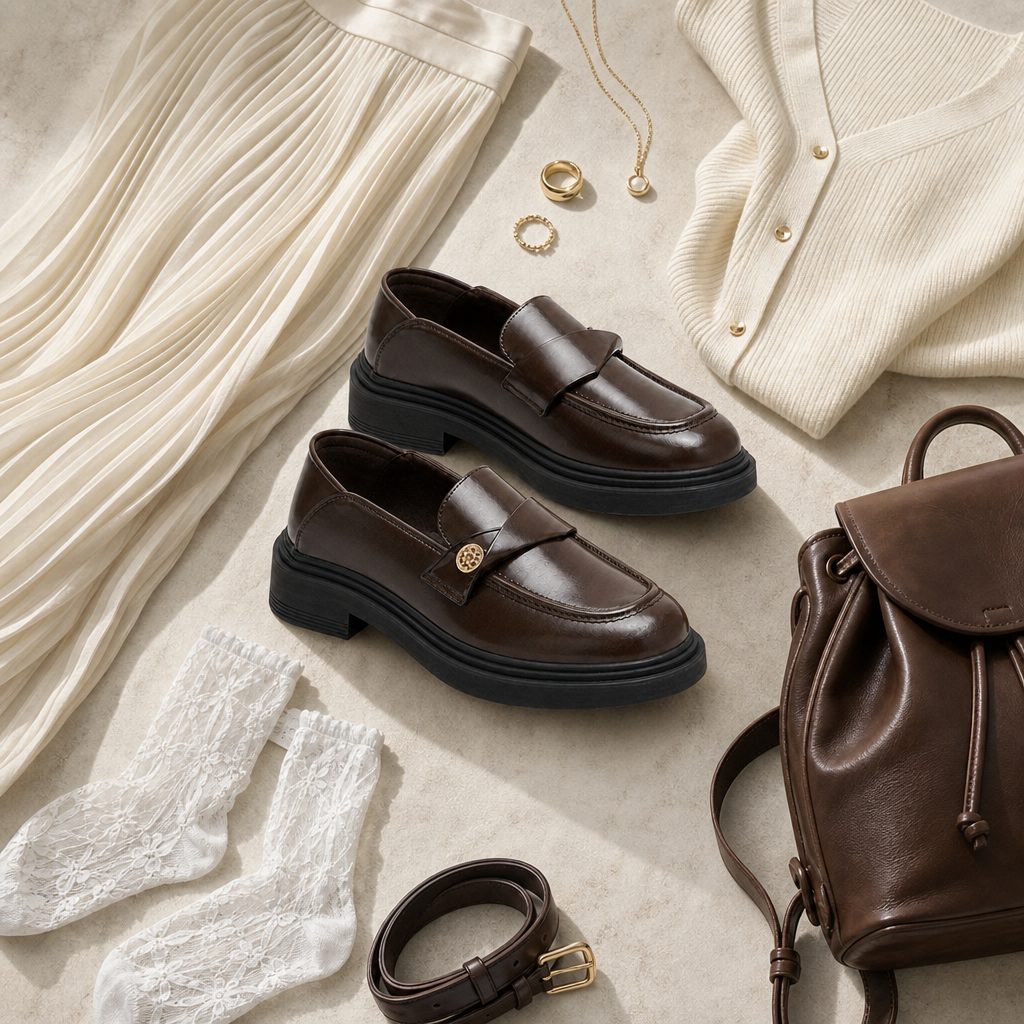 Mocassins marron assortis à des accessoires coordonnés