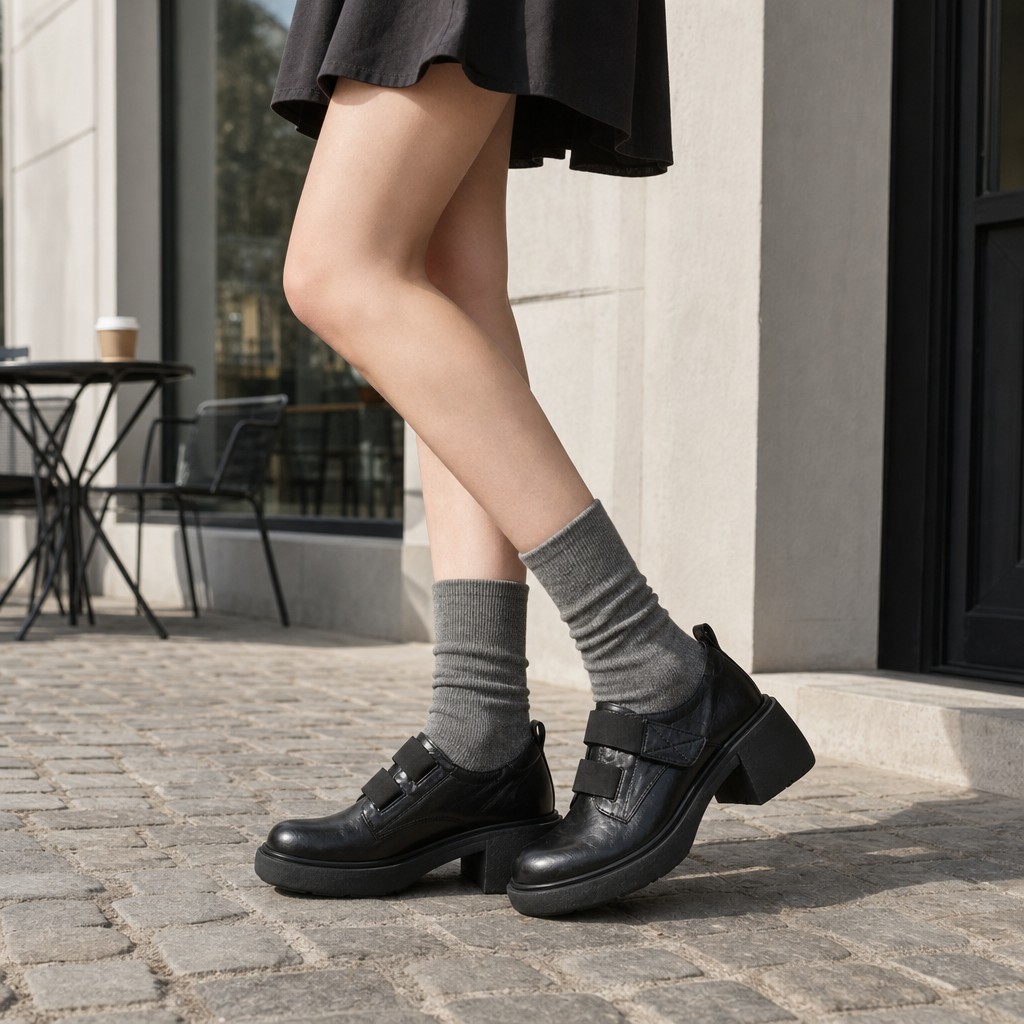 Mocassins noirs à semelles épaisses portés à l'extérieur avec des chaussettes